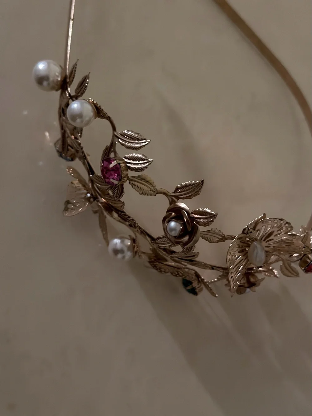 Gold-Tone Floral Pearl Headband with Multicolor Gem Accents. Head Coronet